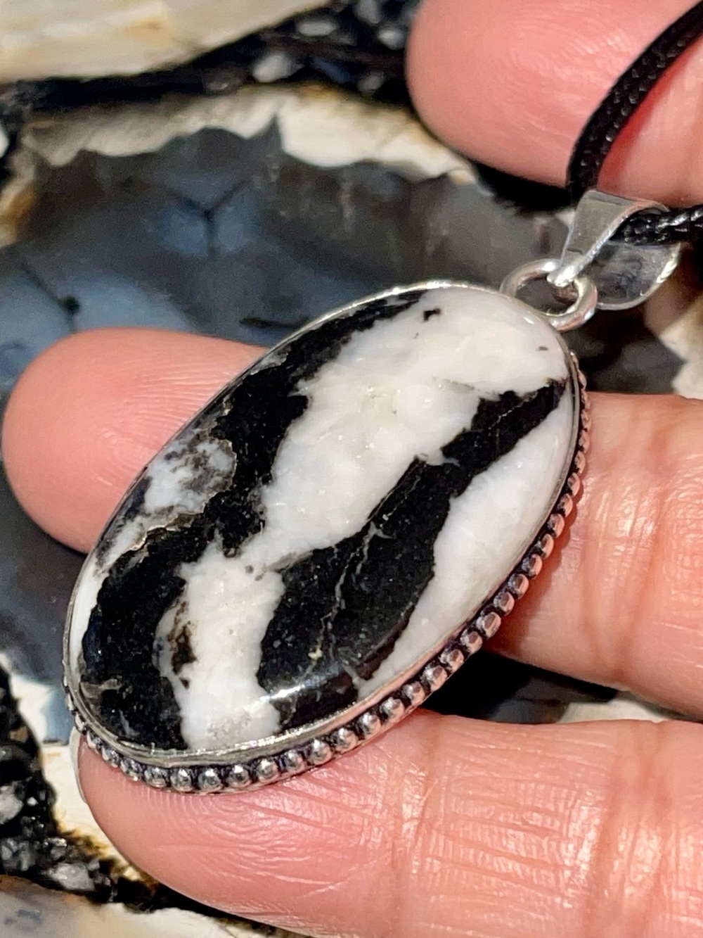 Striking Black & White Matrix Patterns of White Buffalo Turquoise Pendant 2”